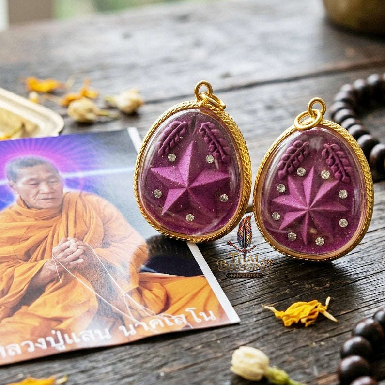 Authentic Thai Destiny Star Amulet "Dao Kham Duang BE 2562" - Purple 108 Sacred Buddha Powder & Gem-Embedded Lucky Star Talisman