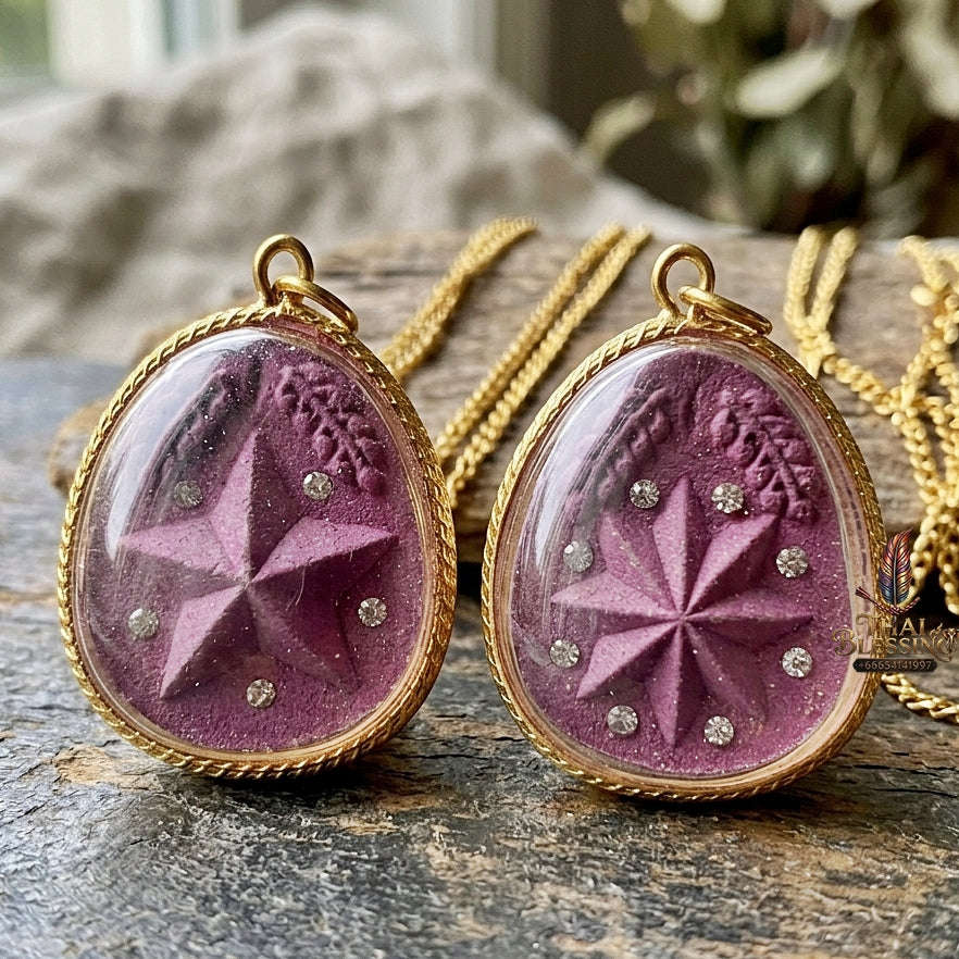 Authentic Thai Destiny Star Amulet "Dao Kham Duang BE 2562" - Purple 108 Sacred Buddha Powder & Gem-Embedded Lucky Star Talisman