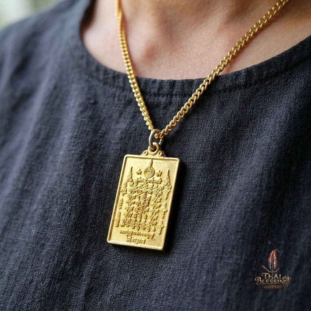 Authentic Thai Esoteric Yantra Amulet "Charoen Phon Charoen Suk BE 2569" - Golden Brass Diamond Armor & 5-Row Yant Dad Talisman