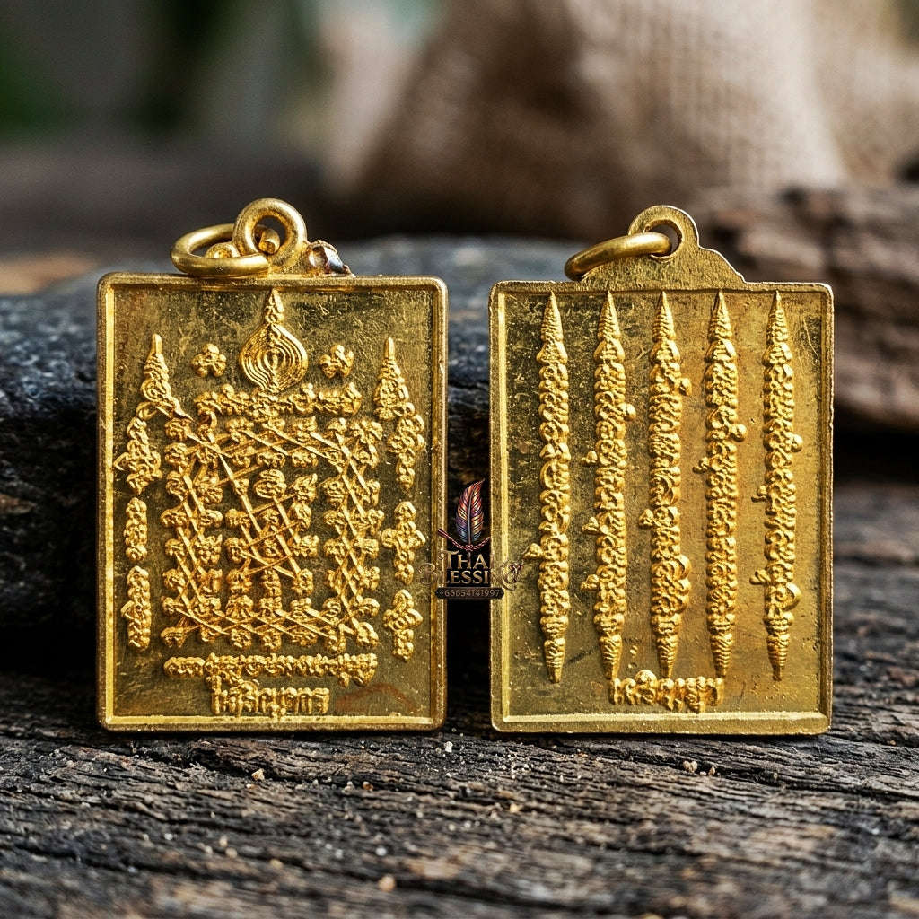 Authentic Thai Esoteric Yantra Amulet "Charoen Phon Charoen Suk BE 2569" - Golden Brass Diamond Armor & 5-Row Yant Dad Talisman
