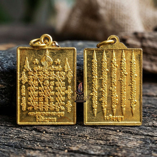 Authentic Thai Esoteric Yantra Amulet "Charoen Phon Charoen Suk BE 2569" - Golden Brass Diamond Armor & 5-Row Yant Dad Talisman Thai Blessing Co By RURUECHA