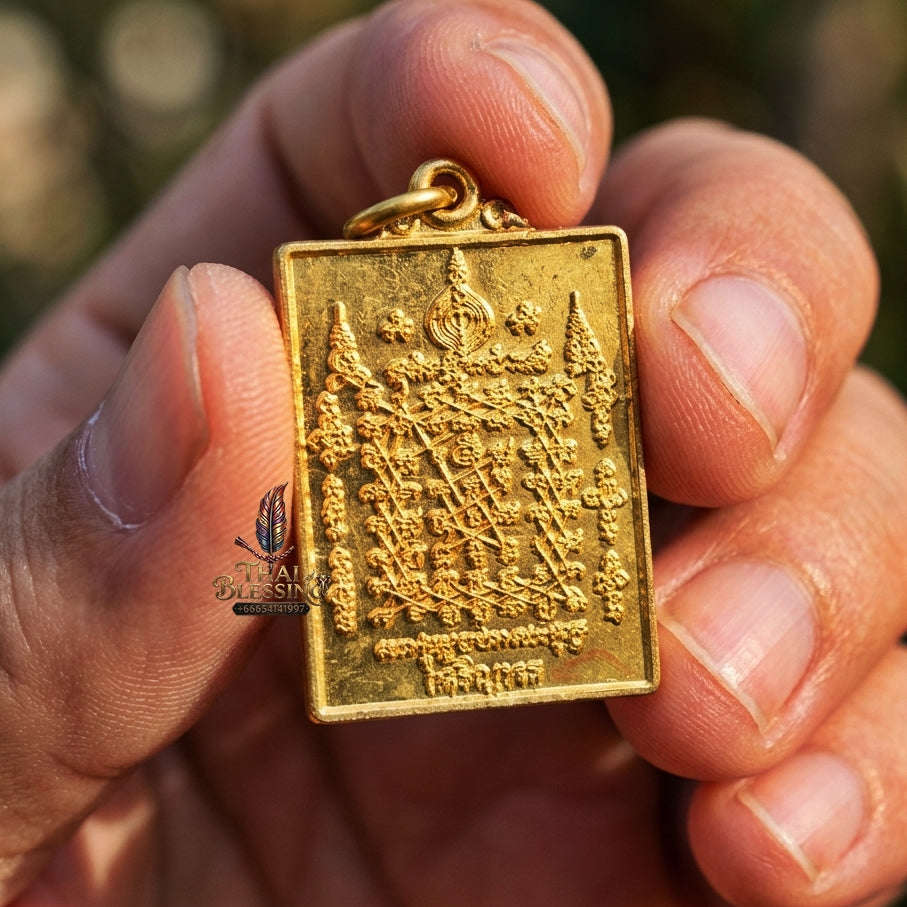 Authentic Thai Esoteric Yantra Amulet "Charoen Phon Charoen Suk BE 2569" - Golden Brass Diamond Armor & 5-Row Yant Dad Talisman