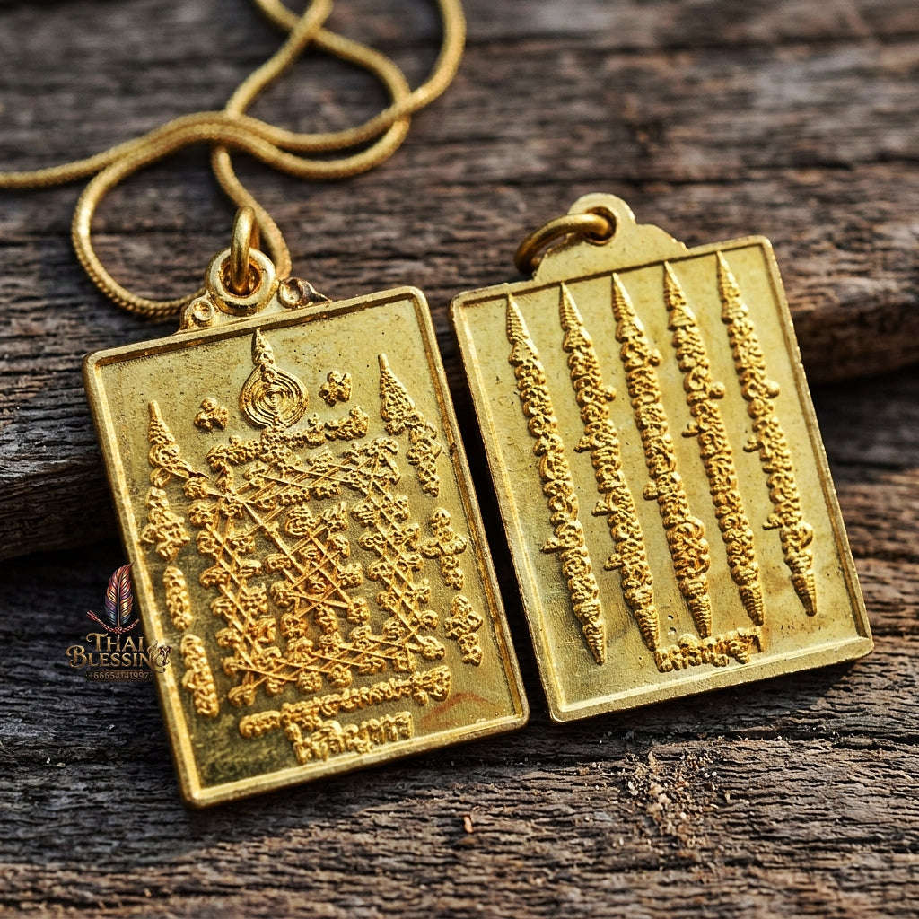 Authentic Thai Esoteric Yantra Amulet "Charoen Phon Charoen Suk BE 2569" - Golden Brass Diamond Armor & 5-Row Yant Dad Talisman