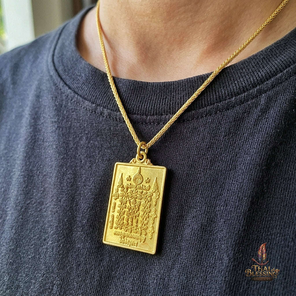 Authentic Thai Esoteric Yantra Amulet "Charoen Phon Charoen Suk BE 2569" - Golden Brass Diamond Armor & 5-Row Yant Dad Talisman