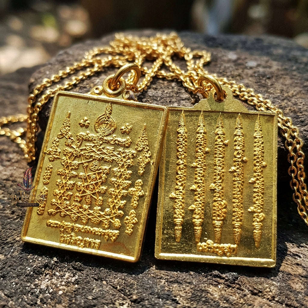 Authentic Thai Esoteric Yantra Amulet "Charoen Phon Charoen Suk BE 2569" - Golden Brass Diamond Armor & 5-Row Yant Dad Talisman
