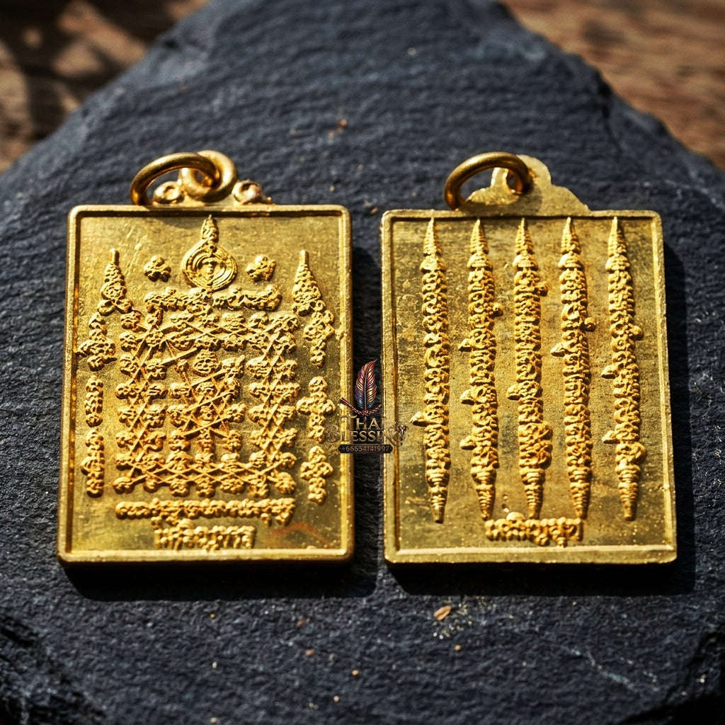 Authentic Thai Esoteric Yantra Amulet "Charoen Phon Charoen Suk BE 2569" - Golden Brass Diamond Armor & 5-Row Yant Dad Talisman