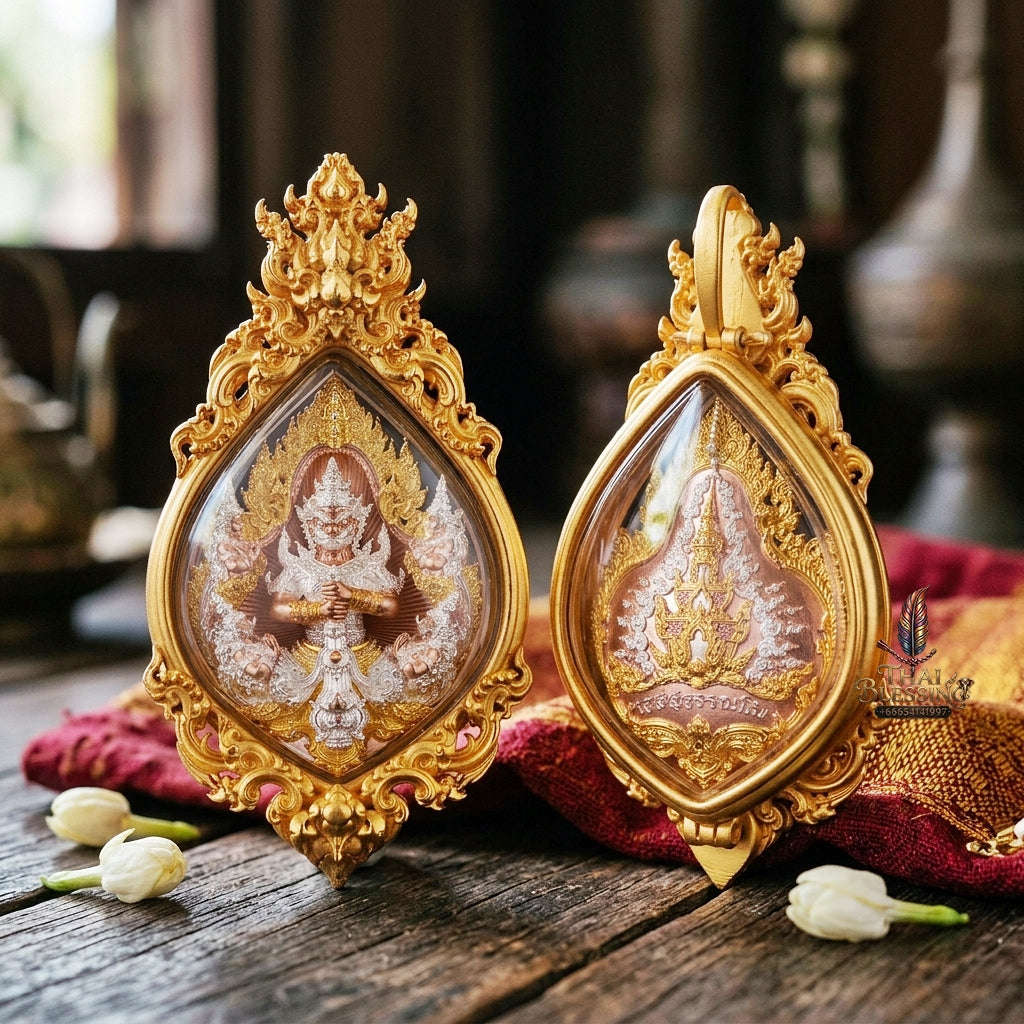 Authentic Thai Fine Art Amulet "Thao Wessuwan Sacred Bronze Medal & Gold-Plated Clasp Necklace Set" Consecrated 2 Times by Luang Pu Yoor & Luang Pho Wichit - Waterproof Framed Size 8x4 cm - Wealth King & Anti-Black Magic Guardian Thai Blessing