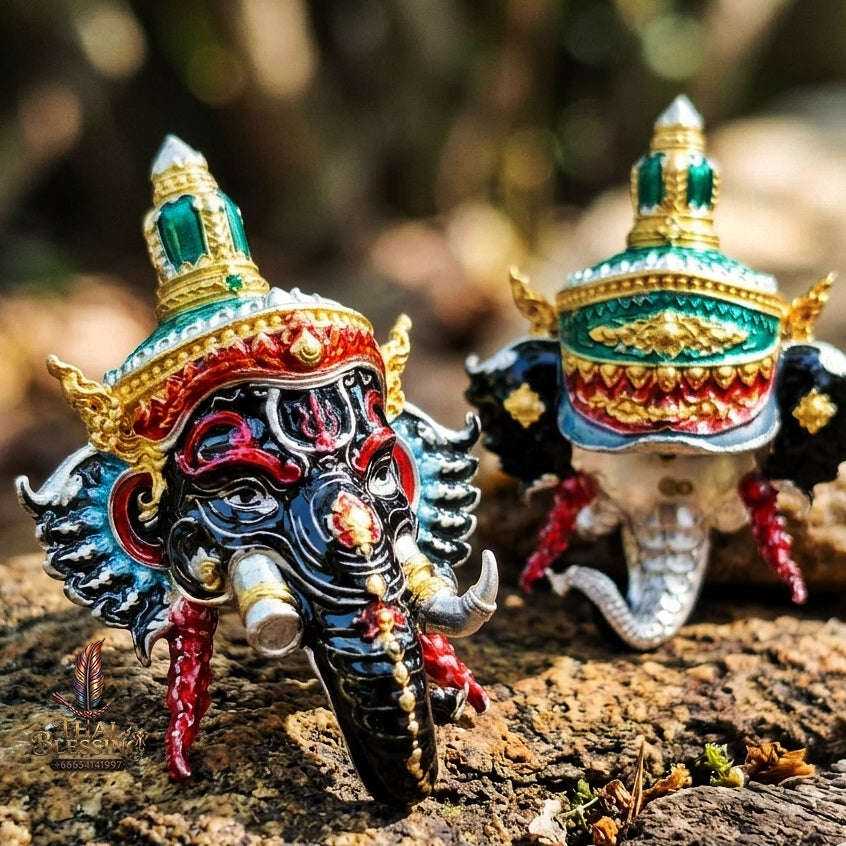 Authentic Thai Fine Art Ganesha Mask Pendant "Setthi Partiharn Edition" - Supreme Obstacle Remover & Miracle Wealth Attraction Thai Blessing Co By RURUECHA