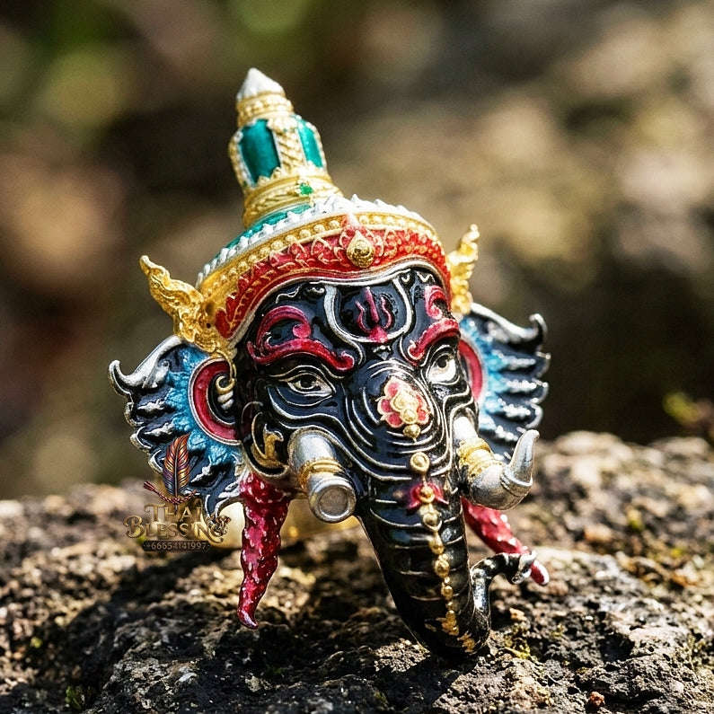 Authentic Thai Fine Art Ganesha Mask Pendant "Setthi Partiharn Edition" - Supreme Obstacle Remover & Miracle Wealth Attraction Thai Blessing Co By RURUECHA