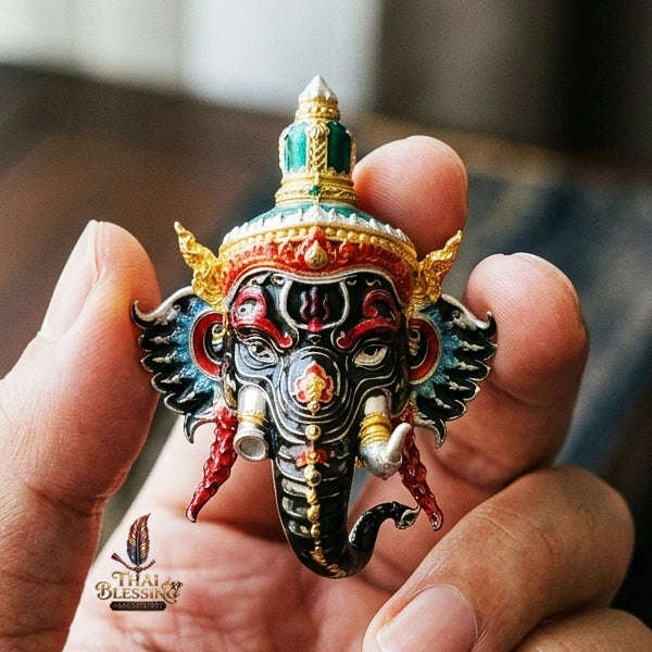 Authentic Thai Fine Art Ganesha Mask Pendant "Setthi Partiharn Edition" - Supreme Obstacle Remover & Miracle Wealth Attraction Thai Blessing Co By RURUECHA