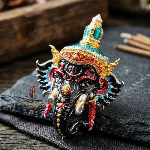 Authentic Thai Fine Art Ganesha Mask Pendant "Setthi Partiharn Edition" - Supreme Obstacle Remover & Miracle Wealth Attraction Thai Blessing Co By RURUECHA