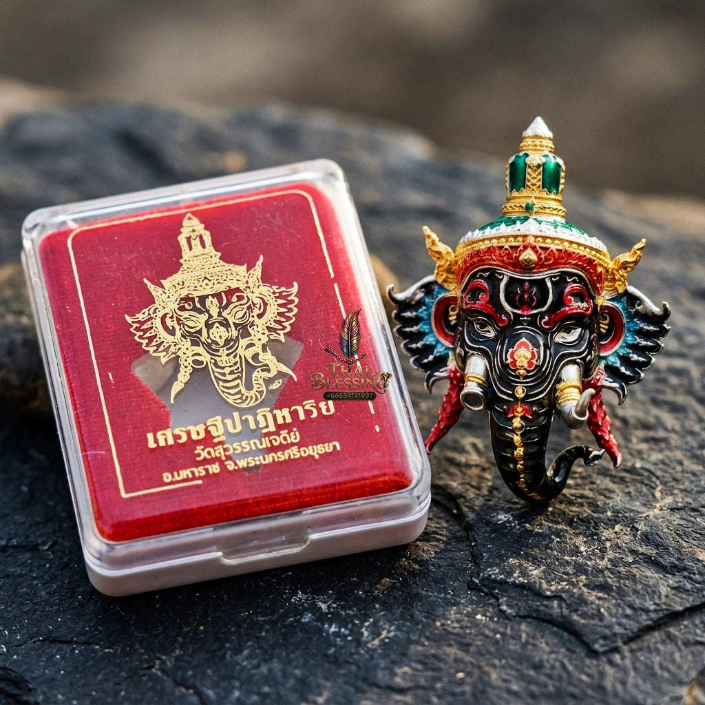 Authentic Thai Fine Art Ganesha Mask Pendant "Setthi Partiharn Edition" - Supreme Obstacle Remover & Miracle Wealth Attraction Thai Blessing Co By RURUECHA