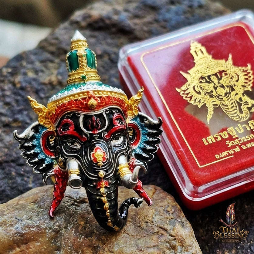 Authentic Thai Fine Art Ganesha Mask Pendant "Setthi Partiharn Edition" - Supreme Obstacle Remover & Miracle Wealth Attraction Thai Blessing Co By RURUECHA