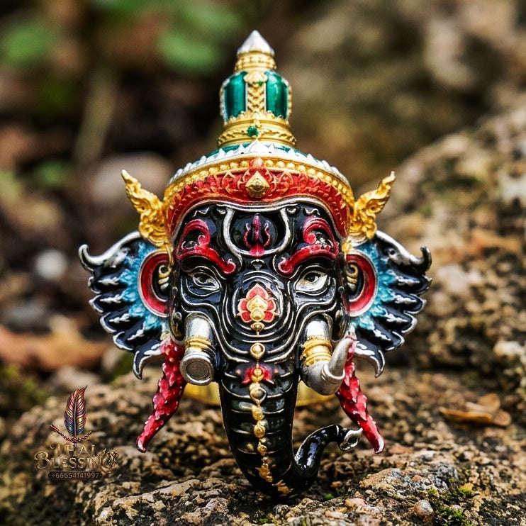 Authentic Thai Fine Art Ganesha Mask Pendant "Setthi Partiharn Edition" - Supreme Obstacle Remover & Miracle Wealth Attraction Thai Blessing Co By RURUECHA