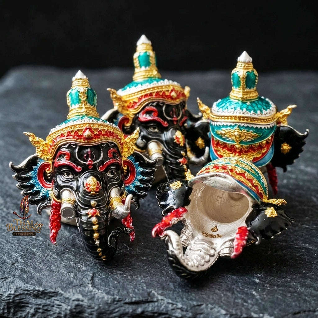 Authentic Thai Fine Art Ganesha Mask Pendant "Setthi Partiharn Edition" - Supreme Obstacle Remover & Miracle Wealth Attraction Thai Blessing Co By RURUECHA