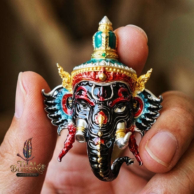 Authentic Thai Fine Art Ganesha Mask Pendant "Setthi Partiharn Edition" - Supreme Obstacle Remover & Miracle Wealth Attraction Thai Blessing Co By RURUECHA