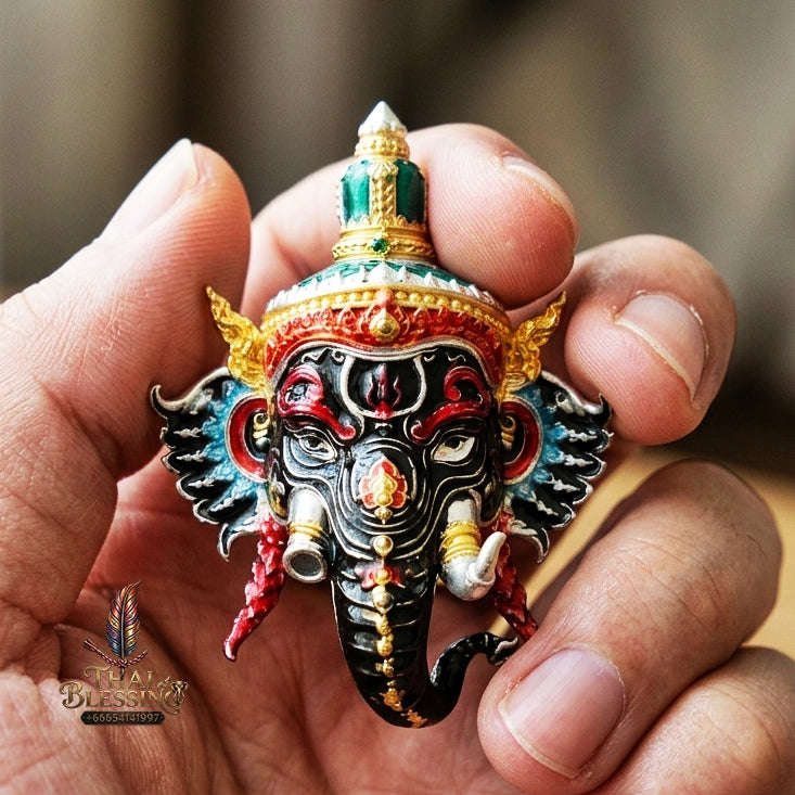 Authentic Thai Fine Art Ganesha Mask Pendant "Setthi Partiharn Edition" - Supreme Obstacle Remover & Miracle Wealth Attraction Thai Blessing Co By RURUECHA