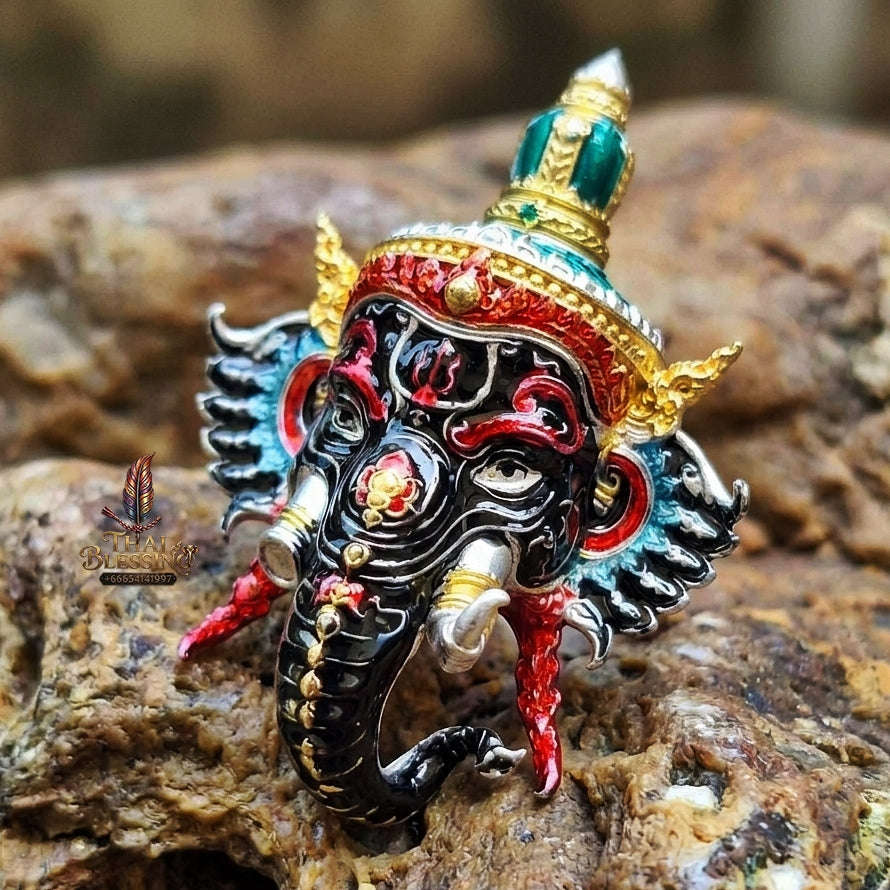 Authentic Thai Fine Art Ganesha Mask Pendant "Setthi Partiharn Edition" - Supreme Obstacle Remover & Miracle Wealth Attraction Thai Blessing Co By RURUECHA