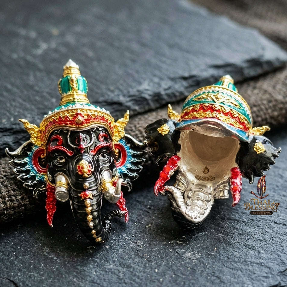 Authentic Thai Fine Art Ganesha Mask Pendant "Setthi Partiharn Edition" - Supreme Obstacle Remover & Miracle Wealth Attraction Thai Blessing Co By RURUECHA