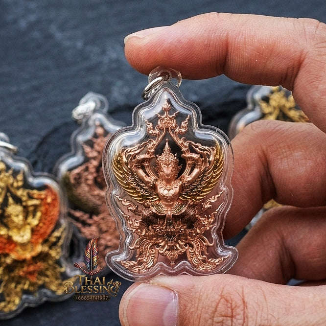 Authentic Thai Fine Art Garuda Amulet Gift Set "Phaya Khrut Chatura Set BE 2563" - Rose Bronze & Gold Bronze Enamel Fine Cast Talisman Set