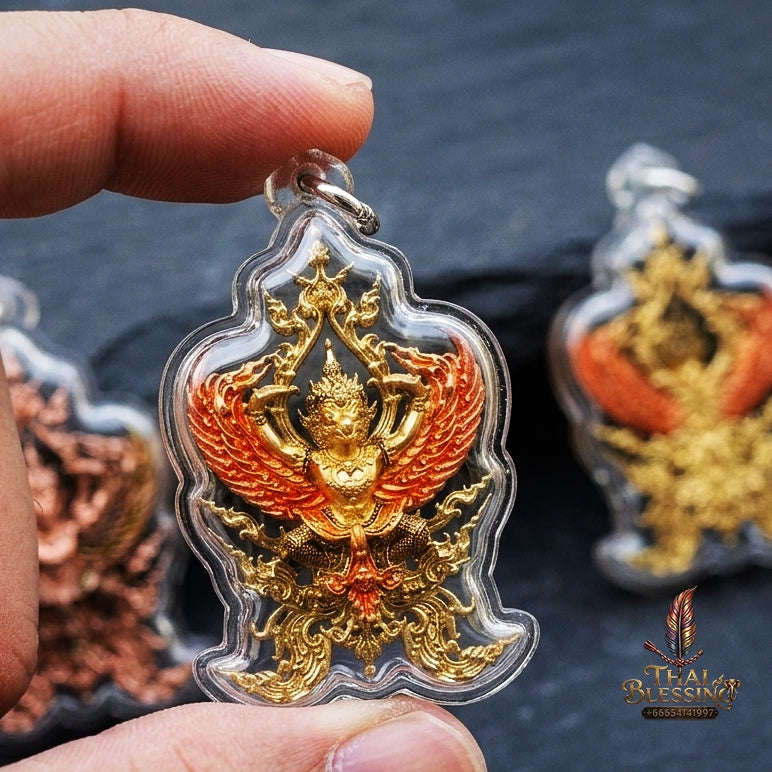 Authentic Thai Fine Art Garuda Amulet Gift Set "Phaya Khrut Chatura Set BE 2563" - Rose Bronze & Gold Bronze Enamel Fine Cast Talisman Set