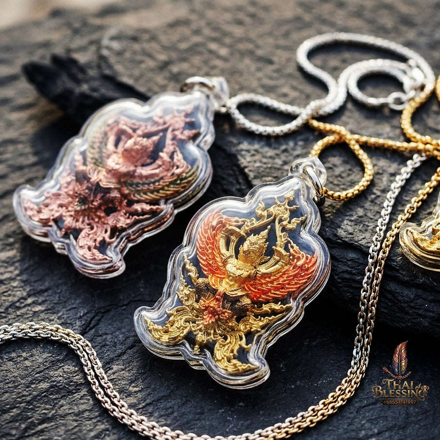 Authentic Thai Fine Art Garuda Amulet Gift Set "Phaya Khrut Chatura Set BE 2563" - Rose Bronze & Gold Bronze Enamel Fine Cast Talisman Set