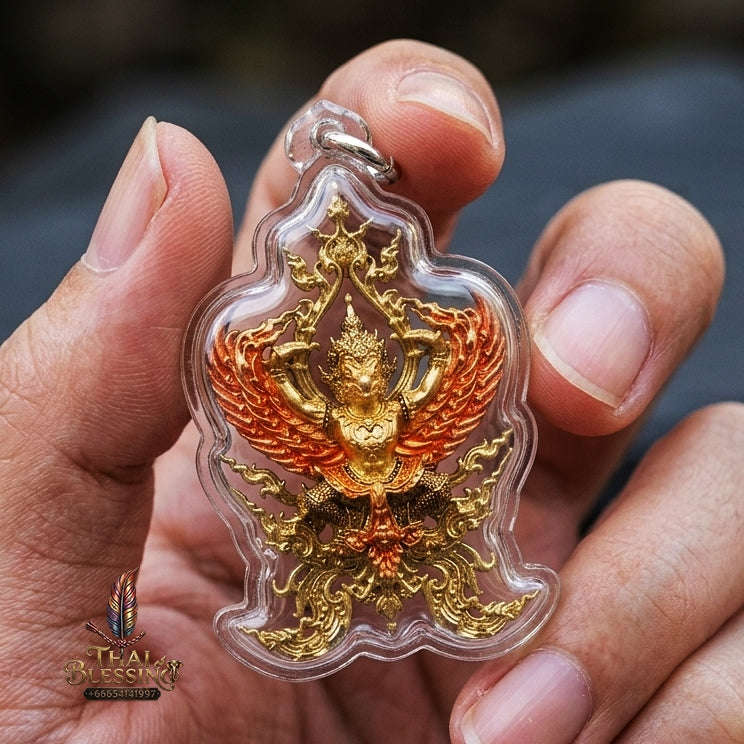 Authentic Thai Fine Art Garuda Amulet Gift Set "Phaya Khrut Chatura Set BE 2563" - Rose Bronze & Gold Bronze Enamel Fine Cast Talisman Set