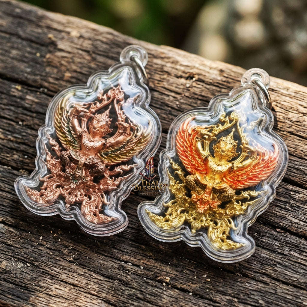 Authentic Thai Fine Art Garuda Amulet Gift Set "Phaya Khrut Chatura Set BE 2563" - Rose Bronze & Gold Bronze Enamel Fine Cast Talisman Set