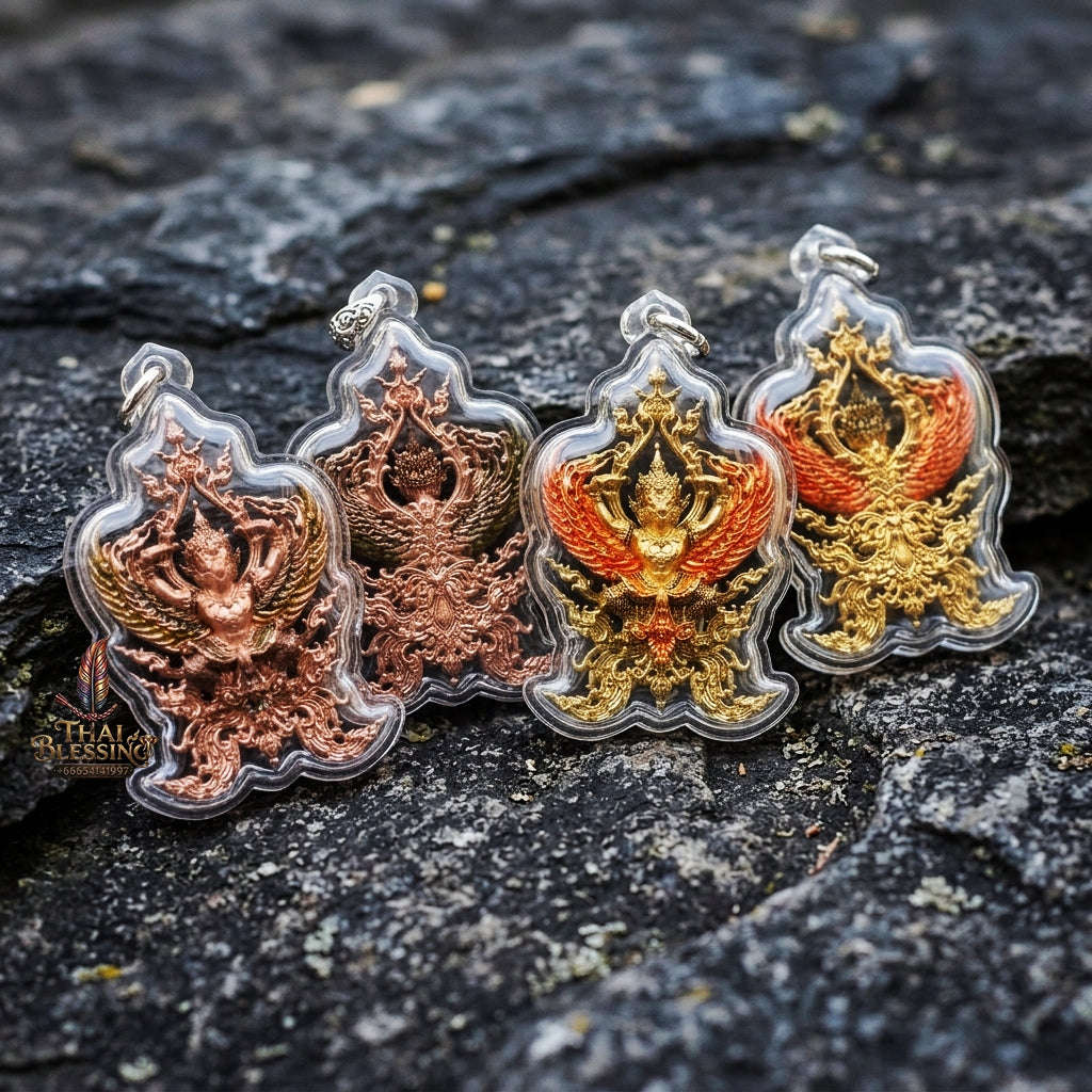 Authentic Thai Fine Art Garuda Amulet Gift Set "Phaya Khrut Chatura Set BE 2563" - Rose Bronze & Gold Bronze Enamel Fine Cast Talisman Set