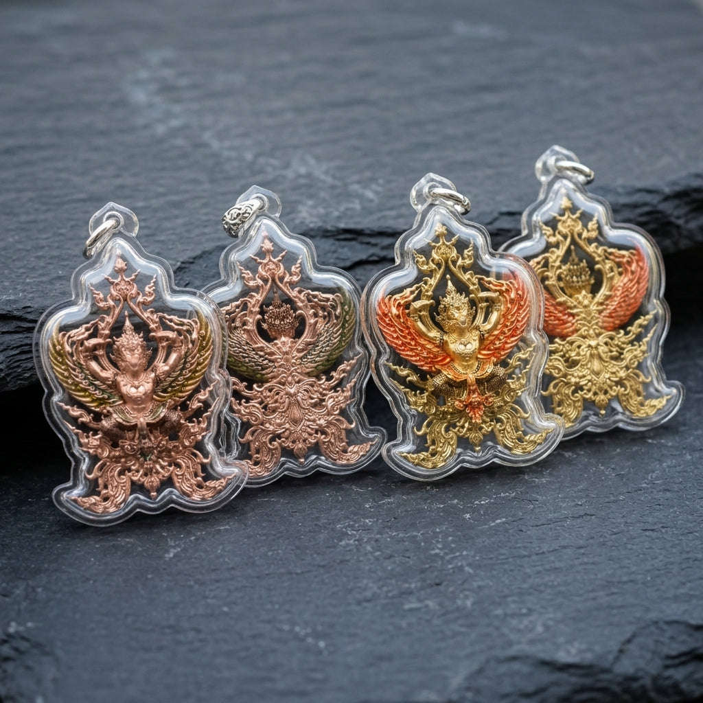 Authentic Thai Fine Art Garuda Amulet Gift Set "Phaya Khrut Chatura Set BE 2563" - Rose Bronze & Gold Bronze Enamel Fine Cast Talisman Set