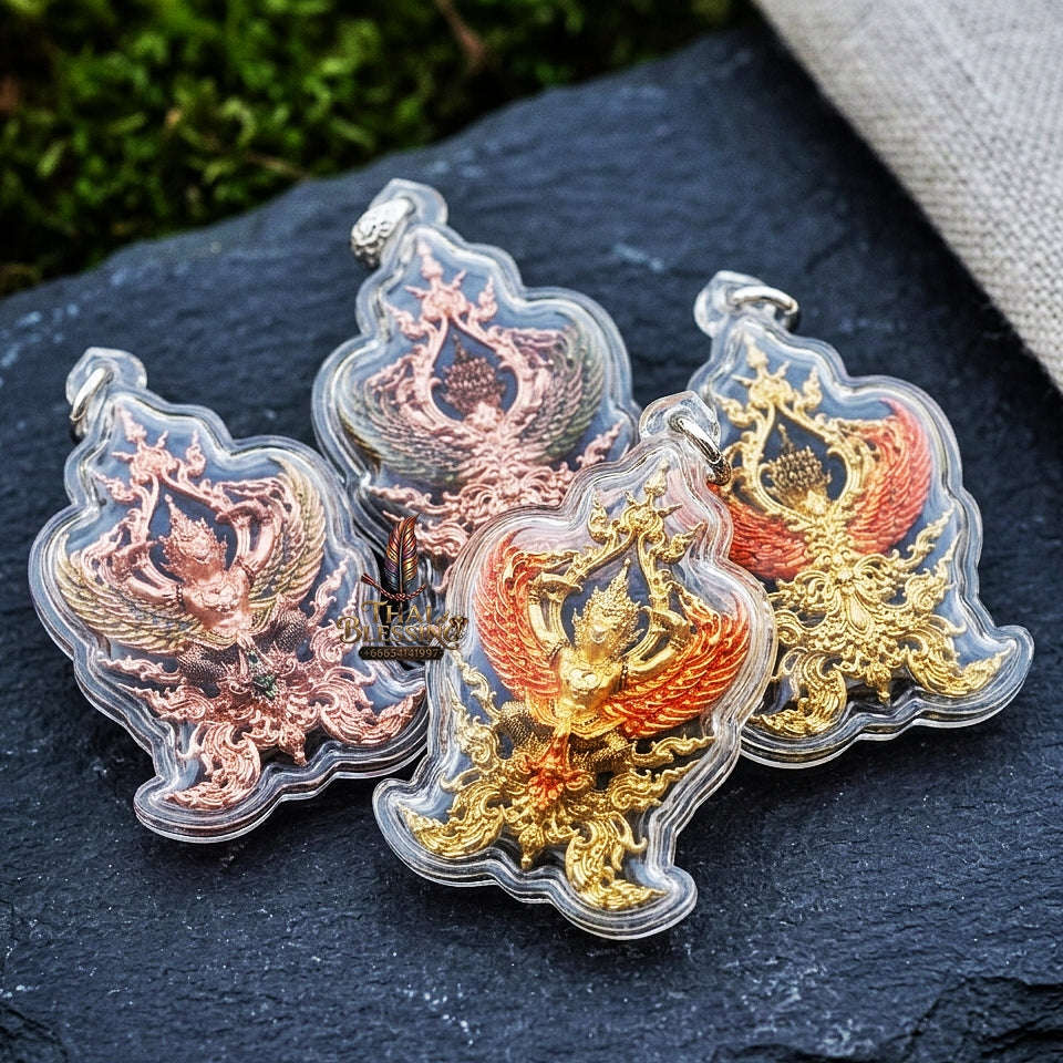 Authentic Thai Fine Art Garuda Amulet Gift Set "Phaya Khrut Chatura Set BE 2563" - Rose Bronze & Gold Bronze Enamel Fine Cast Talisman Set