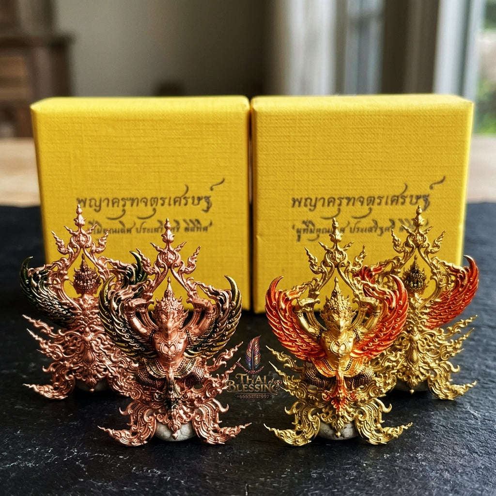 Authentic Thai Fine Art Garuda Amulet Gift Set "Phaya Khrut Chatura Set BE 2563" - Rose Bronze & Gold Bronze Enamel Fine Cast Talisman Set
