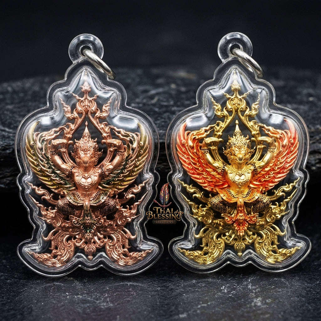 Authentic Thai Fine Art Garuda Amulet Gift Set "Phaya Khrut Chatura Set BE 2563" - Rose Bronze & Gold Bronze Enamel Fine Cast Talisman Set