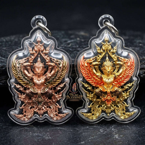 Authentic Thai Fine Art Garuda Amulet Gift Set "Phaya Khrut Chatura Set BE 2563" - Rose Bronze & Gold Bronze Enamel Fine Cast Talisman Set Thai Blessing Co By RURUECHA