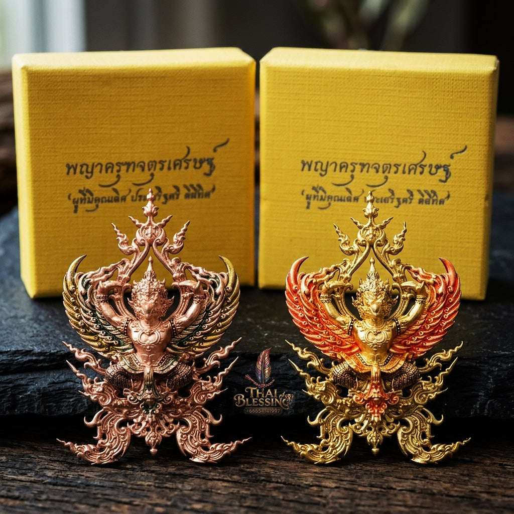 Authentic Thai Fine Art Garuda Amulet Gift Set "Phaya Khrut Chatura Set BE 2563" - Rose Bronze & Gold Bronze Enamel Fine Cast Talisman Set