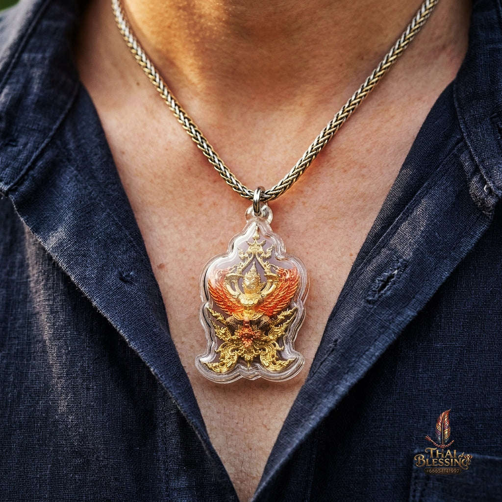 Authentic Thai Fine Art Garuda Amulet Gift Set "Phaya Khrut Chatura Set BE 2563" - Rose Bronze & Gold Bronze Enamel Fine Cast Talisman Set
