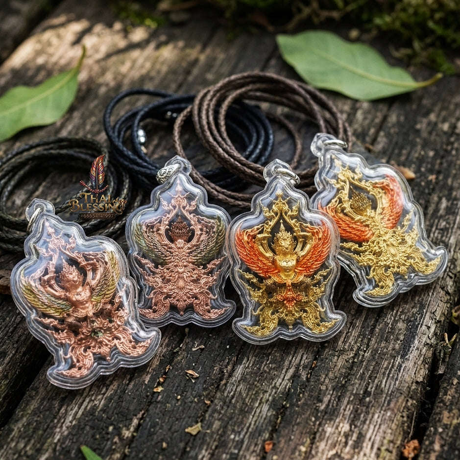 Authentic Thai Fine Art Garuda Amulet Gift Set "Phaya Khrut Chatura Set BE 2563" - Rose Bronze & Gold Bronze Enamel Fine Cast Talisman Set