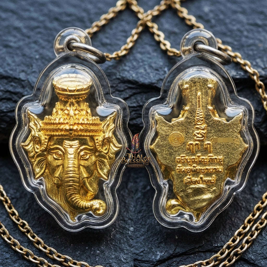 Authentic Thai Ganesha Amulet "Sian Kru Pu Lersi Ganesha Borommaru Poet Sap BE 2569" - Golden Brass Wisdom & Wealth Head Talisman Thai Blessing Co By RURUECHA