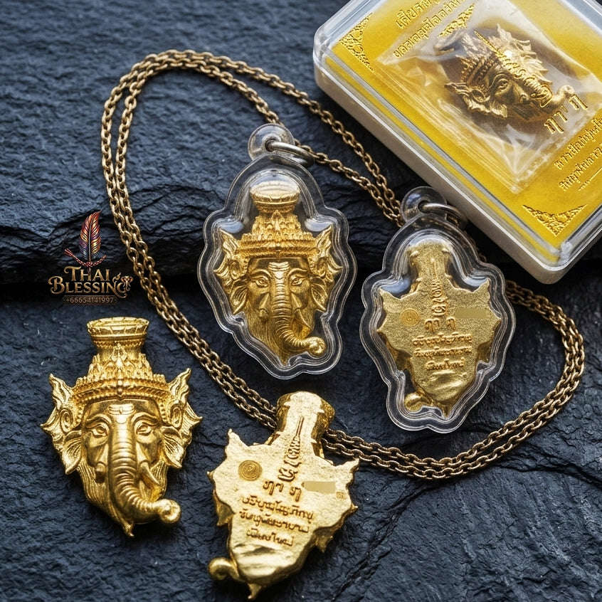 Authentic Thai Ganesha Amulet "Sian Kru Pu Lersi Ganesha Borommaru Poet Sap BE 2569" - Golden Brass Wisdom & Wealth Head Talisman Thai Blessing Co By RURUECHA
