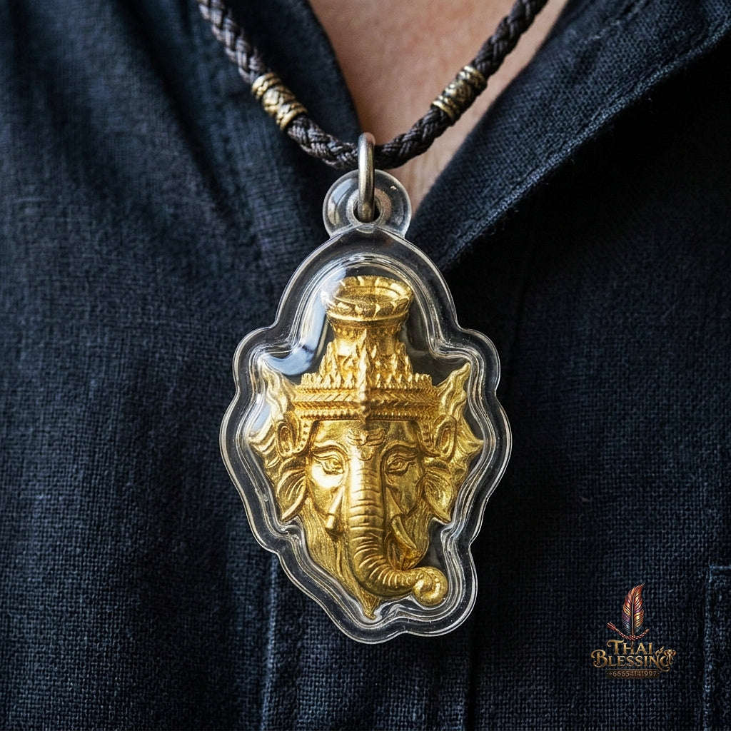 Authentic Thai Ganesha Amulet "Sian Kru Pu Lersi Ganesha Borommaru Poet Sap BE 2569" - Golden Brass Wisdom & Wealth Head Talisman Thai Blessing Co By RURUECHA