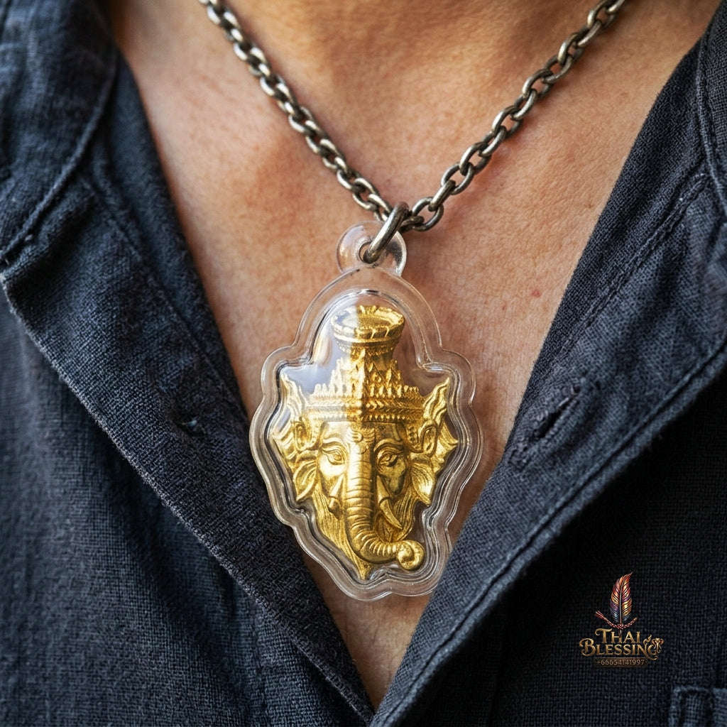 Authentic Thai Ganesha Amulet "Sian Kru Pu Lersi Ganesha Borommaru Poet Sap BE 2569" - Golden Brass Wisdom & Wealth Head Talisman Thai Blessing Co By RURUECHA