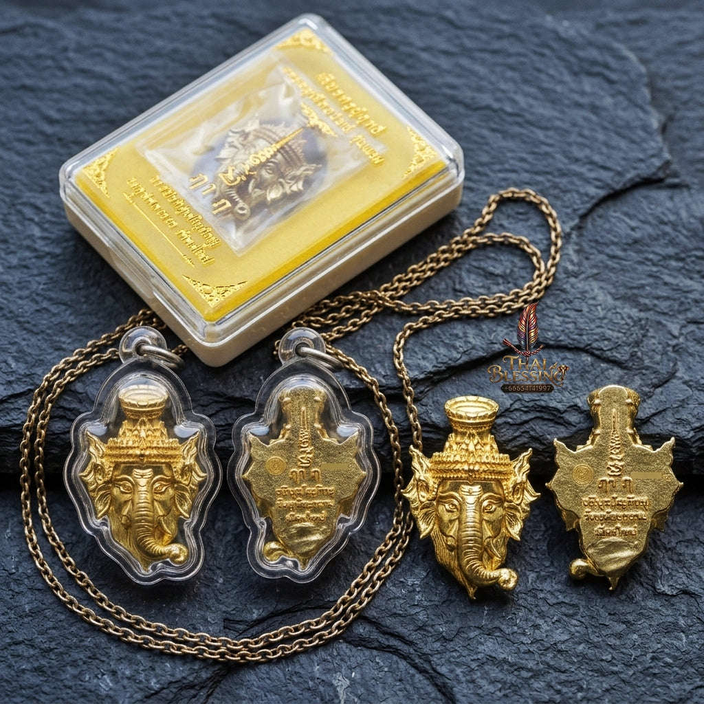 Authentic Thai Ganesha Amulet "Sian Kru Pu Lersi Ganesha Borommaru Poet Sap BE 2569" - Golden Brass Wisdom & Wealth Head Talisman Thai Blessing Co By RURUECHA