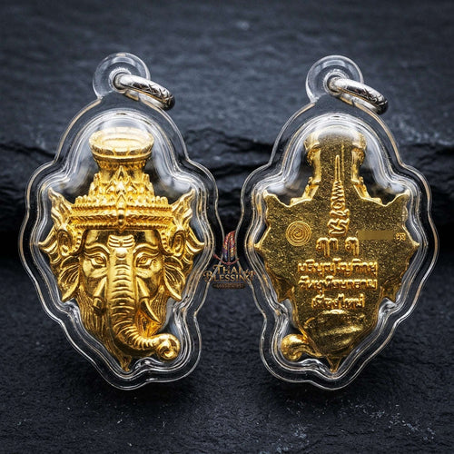 Authentic Thai Ganesha Amulet "Sian Kru Pu Lersi Ganesha Borommaru Poet Sap BE 2569" - Golden Brass Wisdom & Wealth Head Talisman Thai Blessing Co By RURUECHA