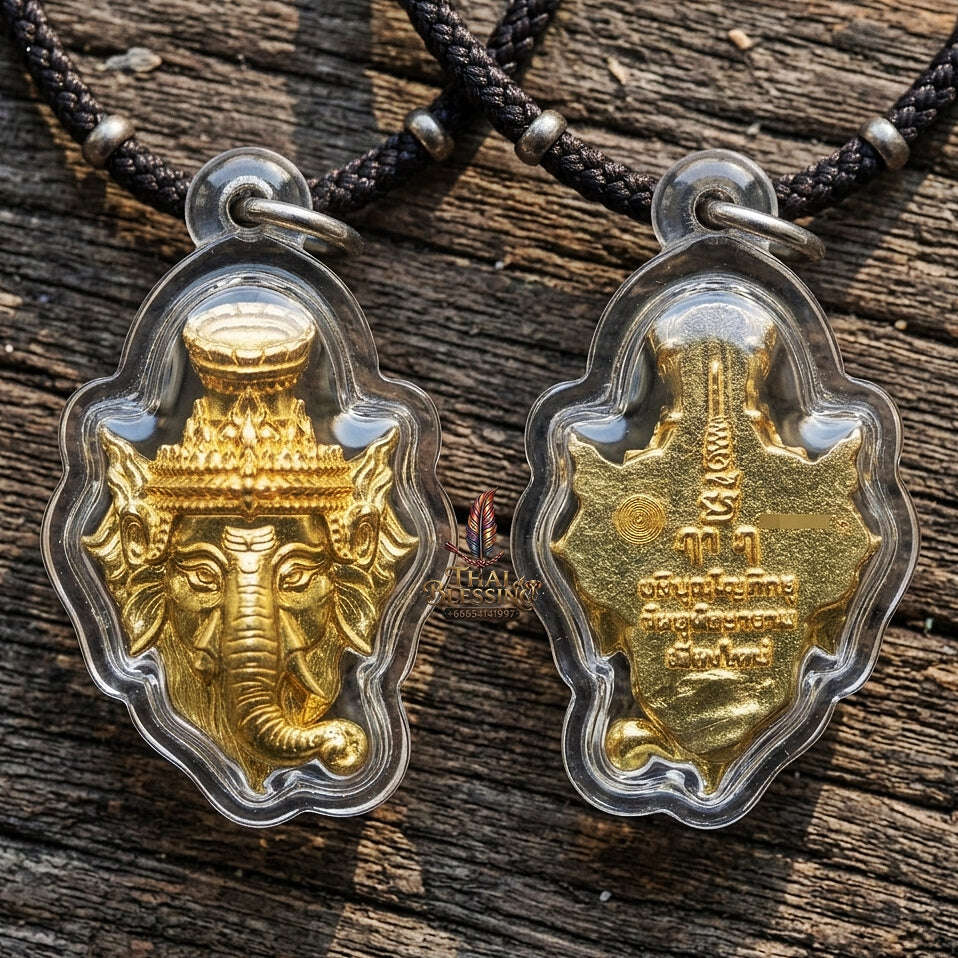 Authentic Thai Ganesha Amulet "Sian Kru Pu Lersi Ganesha Borommaru Poet Sap BE 2569" - Golden Brass Wisdom & Wealth Head Talisman Thai Blessing Co By RURUECHA