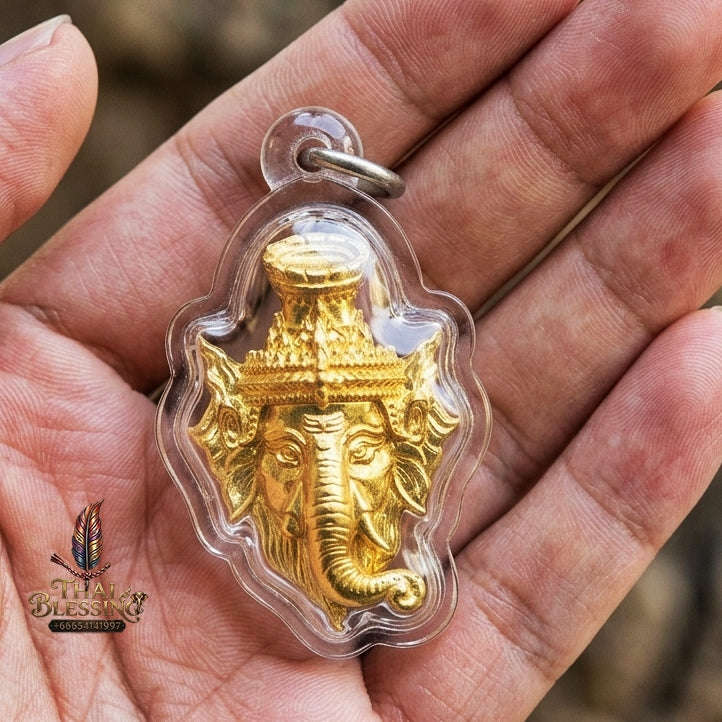 Authentic Thai Ganesha Amulet "Sian Kru Pu Lersi Ganesha Borommaru Poet Sap BE 2569" - Golden Brass Wisdom & Wealth Head Talisman Thai Blessing Co By RURUECHA