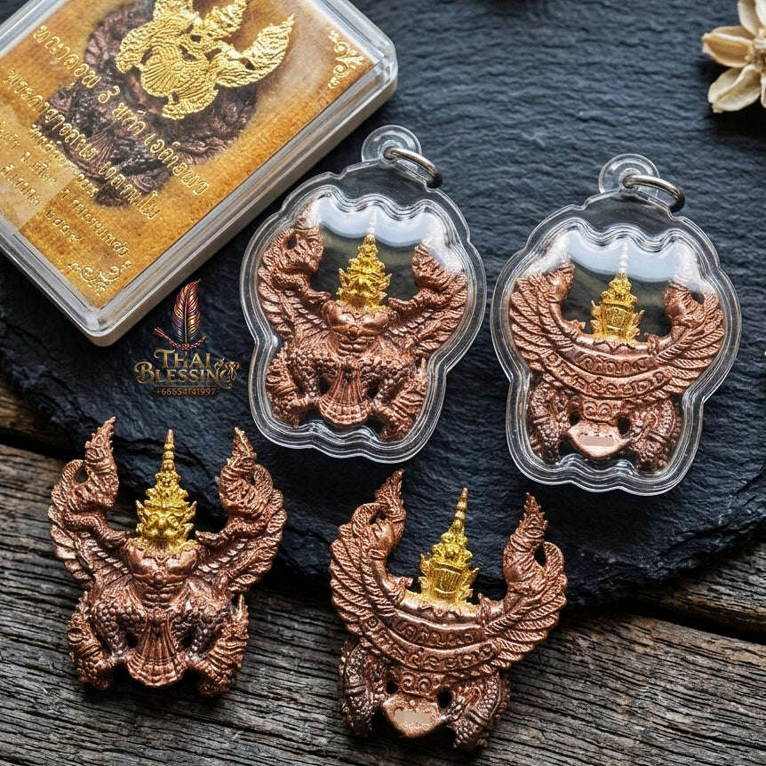 Authentic Thai Garuda Amulet "Phaya Khrut Kaona Charoenphon BE 2559" - Golden Head Fire-Surfaced Sacred Bronze Pendant Thai Blessing Co By RURUECHA