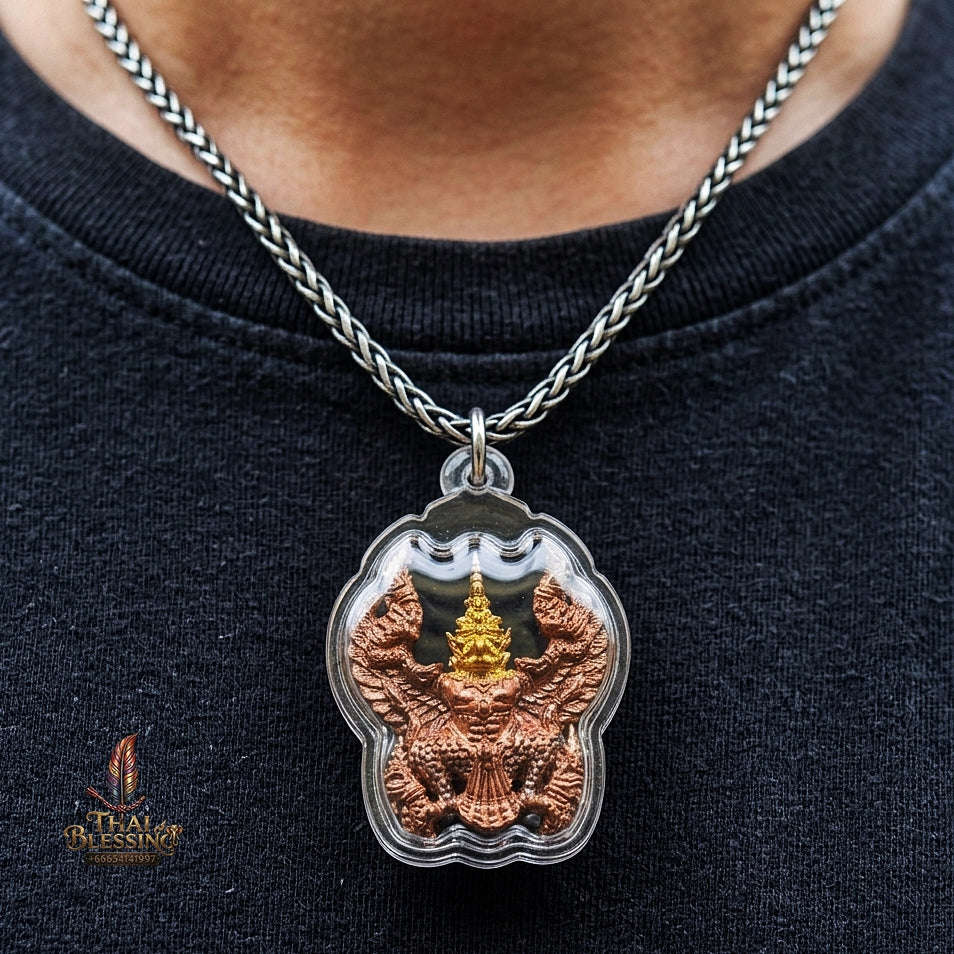 Authentic Thai Garuda Amulet "Phaya Khrut Kaona Charoenphon BE 2559" - Golden Head Fire-Surfaced Sacred Bronze Pendant Thai Blessing Co By RURUECHA
