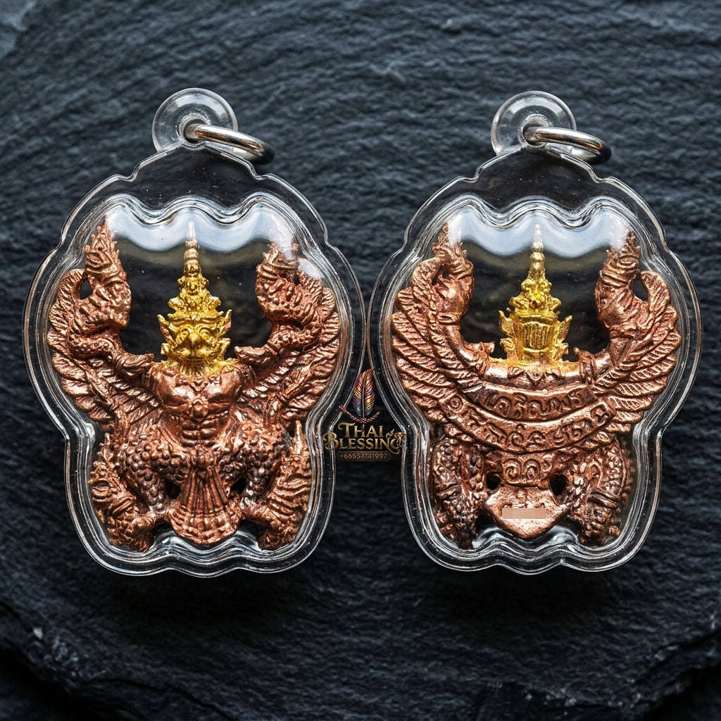 Authentic Thai Garuda Amulet "Phaya Khrut Kaona Charoenphon BE 2559" - Golden Head Fire-Surfaced Sacred Bronze Pendant Thai Blessing Co By RURUECHA