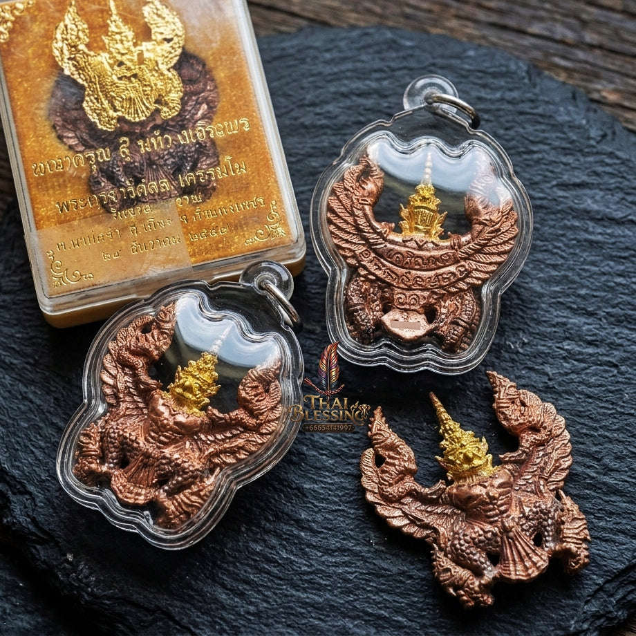 Authentic Thai Garuda Amulet "Phaya Khrut Kaona Charoenphon BE 2559" - Golden Head Fire-Surfaced Sacred Bronze Pendant Thai Blessing Co By RURUECHA