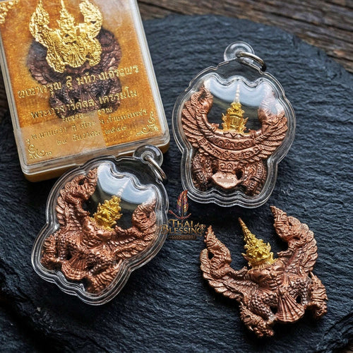 Authentic Thai Garuda Amulet "Phaya Khrut Kaona Charoenphon BE 2559" - Golden Head Fire-Surfaced Sacred Bronze Pendant Thai Blessing Co By RURUECHA